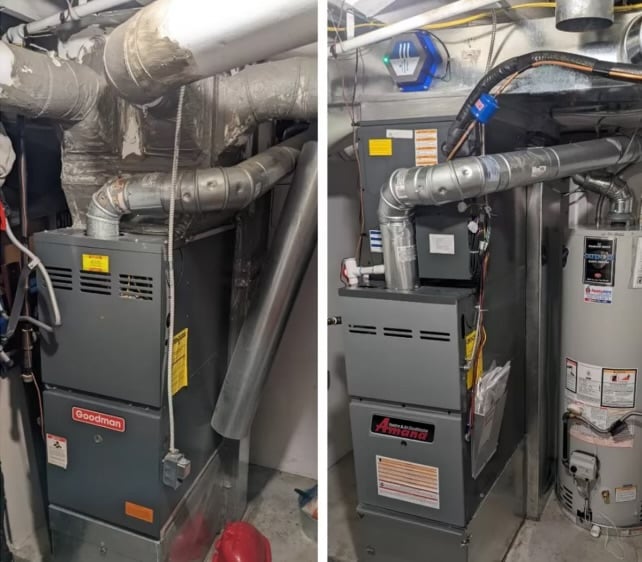Side-by-side before and after photo showing an old Goodman furnace on the left and a newly installed Amana furnace on the right.