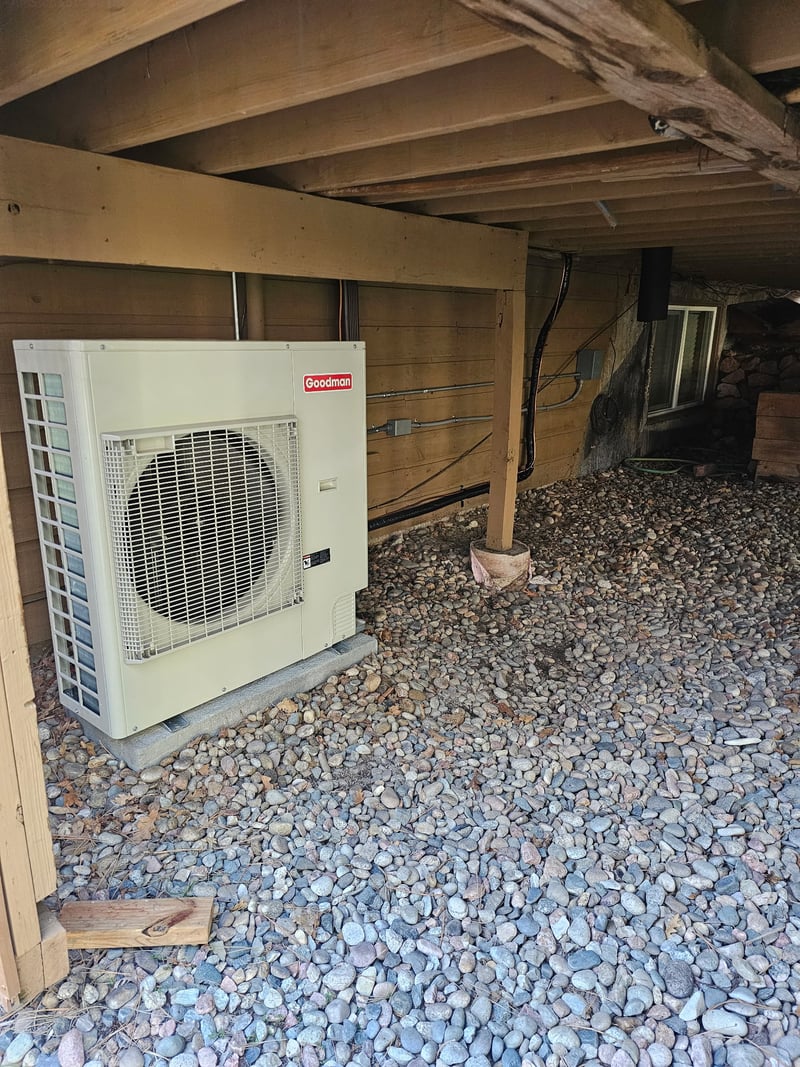 Daikin gas furnace and evaporator coil package installed inside a finished basement mechanical room.